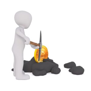 this image represents a 3d person figure with a pickaxe in his hand mining for a bitcoin coin, which is a type of digital currency