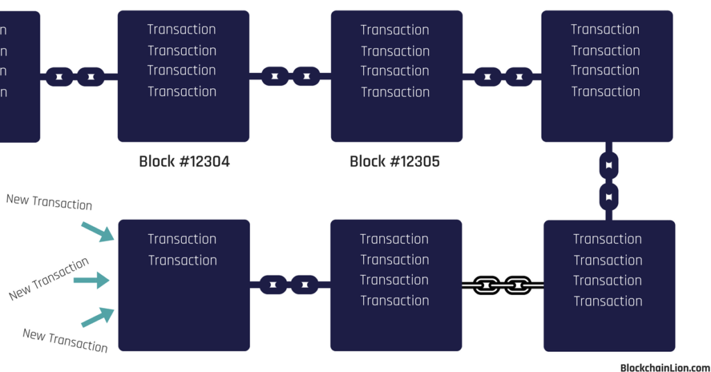 this is a digital chain of blocks, every block contains a list of transactions. when new transactions are created they will be added to the last block, and that block will be chained back to ther previous block.