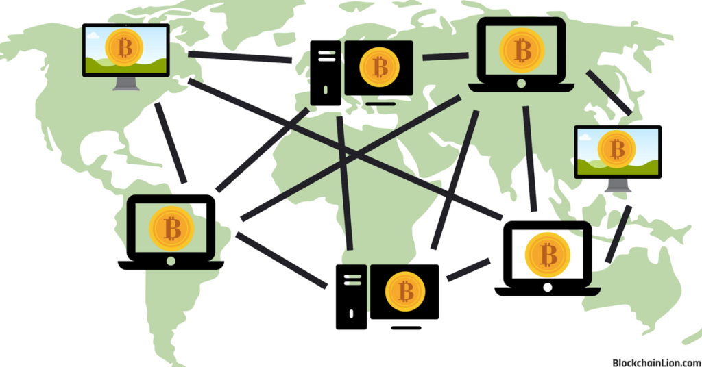 this represents lots of computers around the world running the same bitcoin core software and connected with each other with a peer-to-peer network type